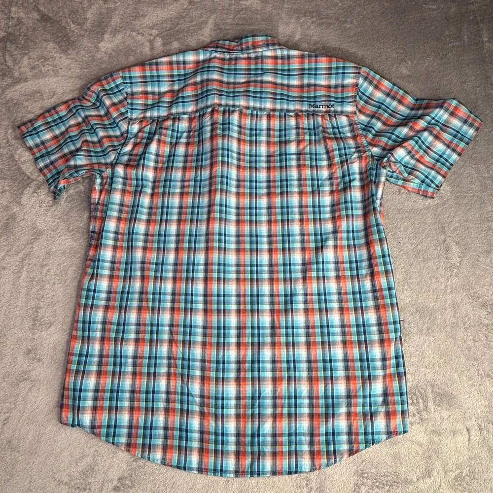 Marmot Button Up Shirt Men Medium Blue Orange Plaid Short Sleeve Hiking D61970